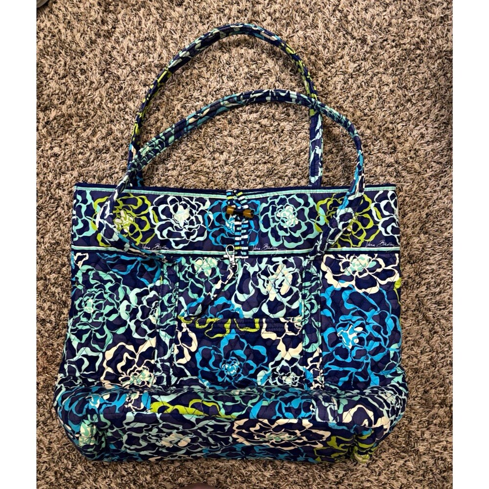 Vera Bradley Floral Zip Top Tote Bag Blue Green White w/ Inner & Outer Pockets
